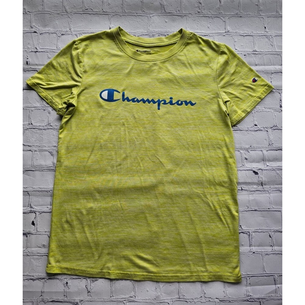 Champion Youth T-Shirt Lime Green Blue‎ Logo Short Sleeve Athletic Tee Pre-Owned